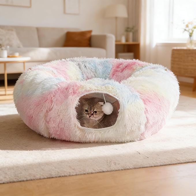 Cat Tunnel with Cat Bed for Indoor Cats, Under Christmas Tree Soft Plush Peekaboo Cat Cave Donut Tunnel, Multifunctional Playground Toys Hideplace for Kittens, Rabbit, Ferret