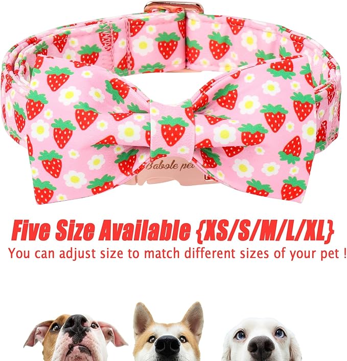 Cute Strawberry Dog Collar with Bow Tie - Adjustable Spring-Summer Pink Bowtie Collar Breathable Comfort Dog Collars for Small Medium Large Dogs M
