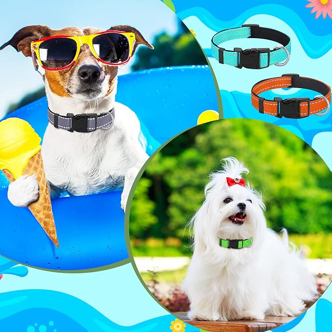 6 Pcs Reflective Dog Collar Soft Padded Breathable Adjustable Nylon Pet Collar with Safety Locking Buckle for Dogs Cats Puppy Pets Accessories(Small,Bright Color)