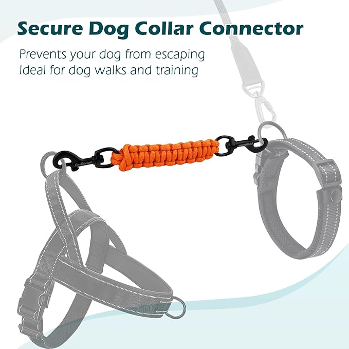 PetBonus Dog Collar Safety Clip, Handmade Backup Safety Strap for Dog Harness, Prong, Pinch Collar, Double Ended Clasp Leash Connector (Orange)