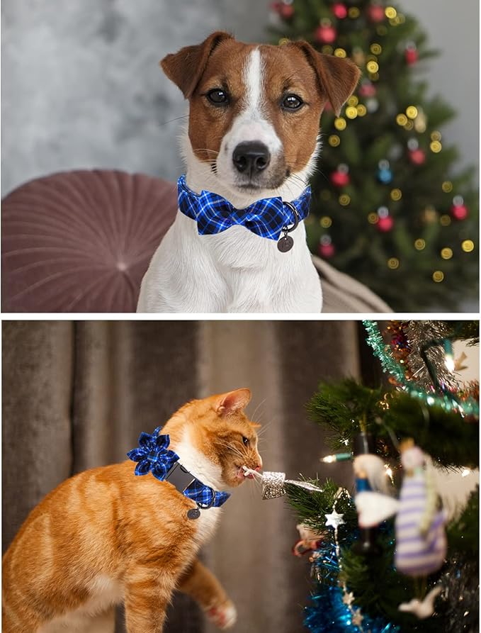 Dog Collar With Bow Tie, Cotton Bowtie for Medium Girl Boy, Holiday Blue With Durable Metal Buckle, Cute Plaid Pet Collar, M