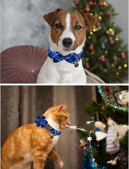 Dog Collar with Bow Tie, Cotton Dog Bowtie Collar for X-Large Girl Boy Dog, Holiday Blue Dog Collar with Durable Metal Buckle, Cute Plaid Pet Collar, XL