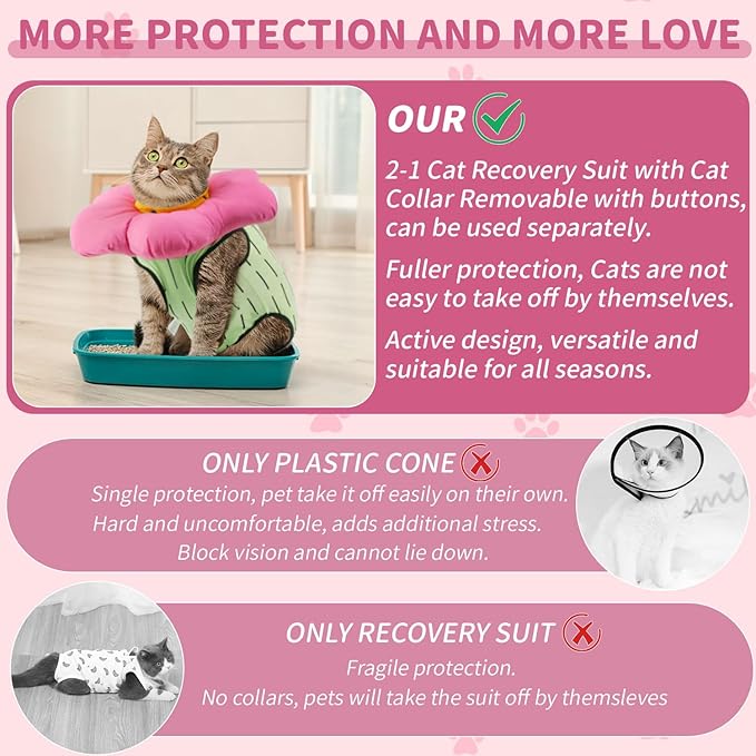 EMUST 2PCS Cat Recovery Suit and Cat Surgery Suit, Cute Cats Surgical Suit for Abdominal Wounds or Skin Diseases, Adjustable Flower Neck Cats Cone Collar Soft for 4-8lb(Green, M)