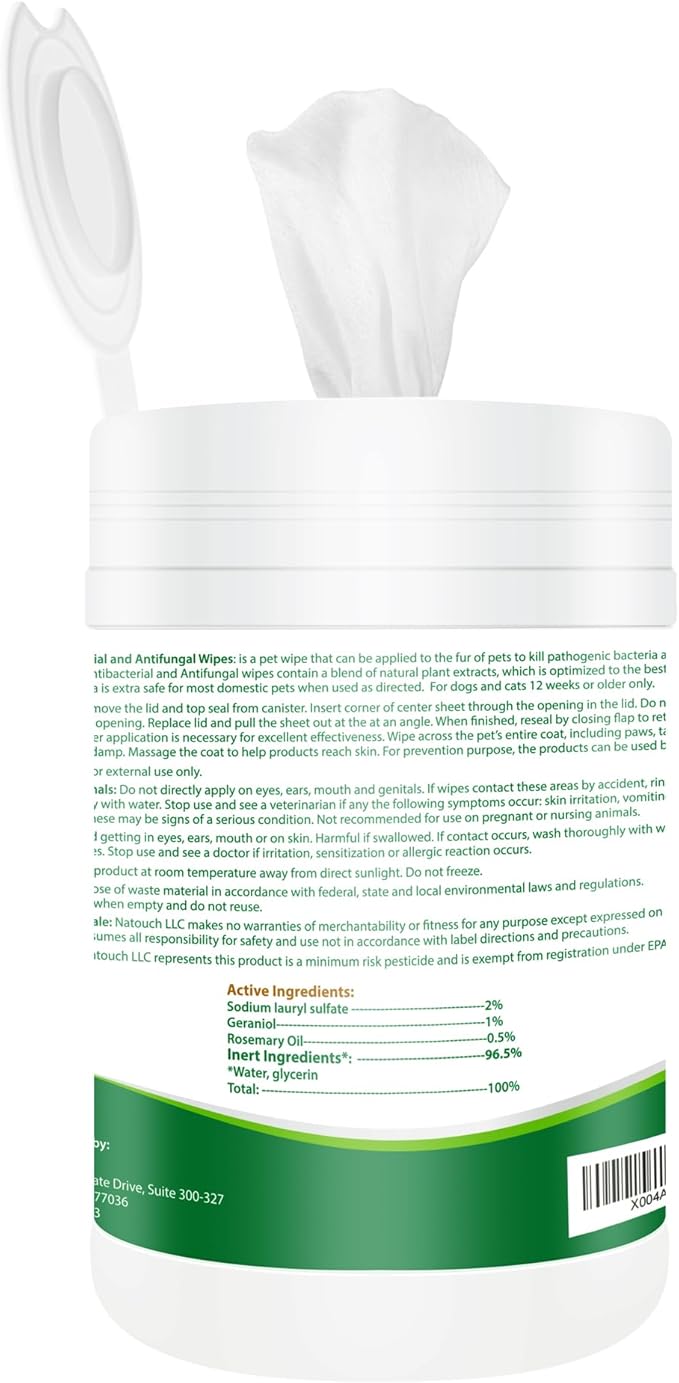 Natouch Antifungal and Antibacterial Wipes for Dogs & Cats, Dog Yeast Infection Treatment Wipes, All Natural Grooming Wipes for Cleaning, Help with Hot Spots, Ringworm, and Skin Infections, 80 Count