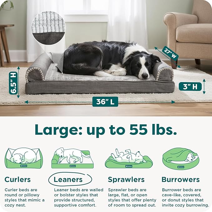 Furhaven Orthopedic Dog Bed for Large/Medium Dogs w/ Removable Bolsters & Washable Cover, For Dogs Up to 55 lbs - Luxe Faux Fur & Performance Linen Sofa - Charcoal, Large