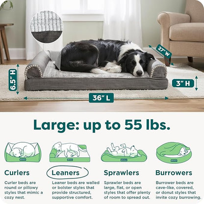 Furhaven Orthopedic Dog Bed for Large/Medium Dogs w/ Removable Bolsters & Washable Cover, For Dogs Up to 55 lbs - Luxe Faux Fur & Performance Linen Sofa - Charcoal, Large