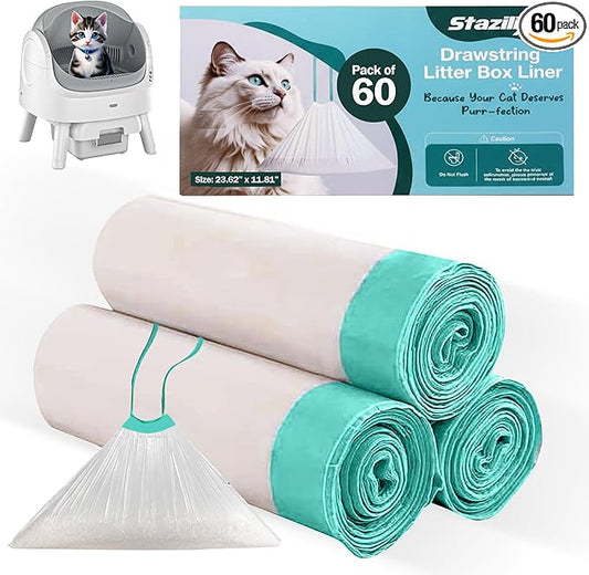 60 Count Cat Litter Liners - 23.62x11.81 Inches - Compatible With Petpivot Autoscooper 11 and Neakasa Litter Box M1 - Leak & Tear Proof Heavy Duty Drawstring in Center for Easy & Mess-Free Cleaning