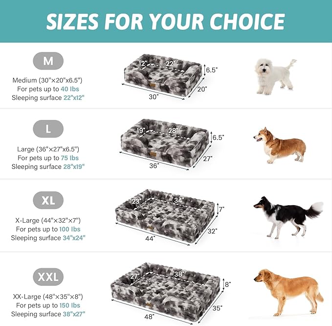 COZY KISS Orthopedic Dog Bed for Extra Large Dog, Soft and Warm Faux Fur Sofa for Giant Pet Up to 150 lbs, Foam Bolster Anti-Slip Couch with Washable Removable Cover, XXL 48x35x8 inch, Tie Dye Grey