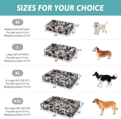 COZY KISS Orthopedic Dog Bed for Extra Large Dog, Soft and Warm Faux Fur Sofa for Giant Pet Up to 150 lbs, Foam Bolster Anti-Slip Couch with Washable Removable Cover, XXL 48x35x8 inch, Tie Dye Grey
