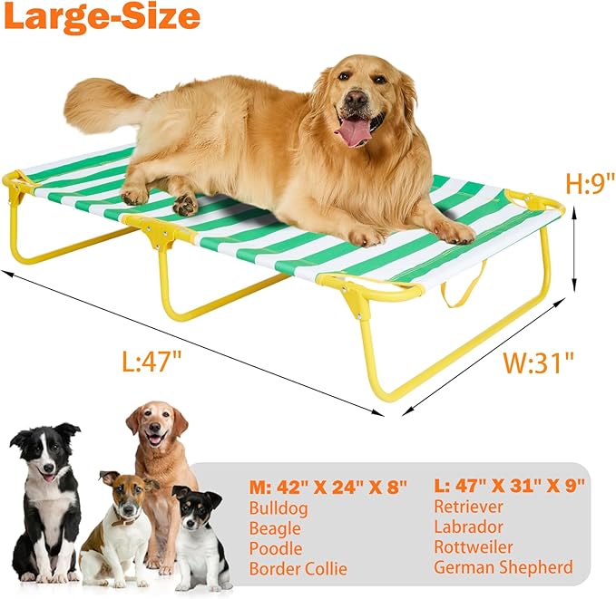 everfront Dog Elevated Bed Foldable Portable Raised Bed Camping cot Outdoor Summer Dog Bed (Large, GreenStripes-Oxford Fabric)