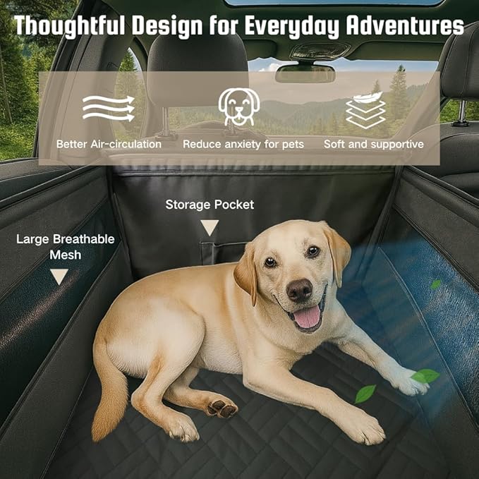 Large Dog Car Seat with Adjustable Seatbelt Leash, PU Leather Back Seat Extender for Dogs with Hard Bottom Pet Seat Cover, Waterproof Foldable Car Hammock for Medium Large Dogs for SUVs, Trucks & Cars