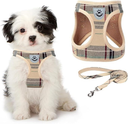KOOLTAIL Dog Harness for Small Medium Dogs,Dog Harness and Leash Set, Step in No Pull Soft Mesh Padded Adjustable and Reflective Pet Vest Harness Puppy, Plaid Extra Harness for XS S Dogs, Beige XS