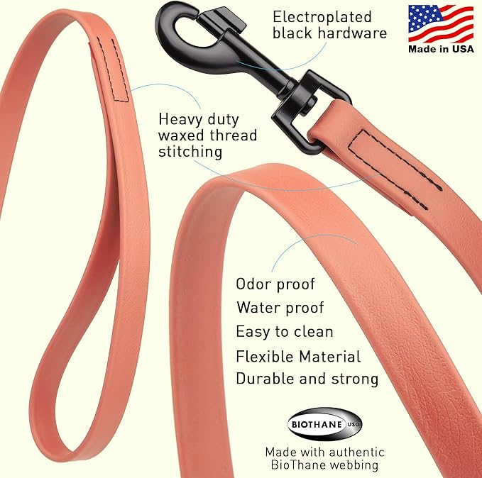 Dogline Biothane Waterproof Dog Leash Strong Coated Nylon Webbing with Black Hardware Odor-Proof Easy to Clean High Performance for Small or Large Dogs Made in USA 4 or 6 ft Lead, Coral