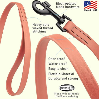 Dogline Biothane Waterproof Dog Leash Strong Coated Nylon Webbing with Black Hardware Odor-Proof Easy to Clean High Performance for Small or Large Dogs Made in USA 4 or 6 ft Lead, Coral