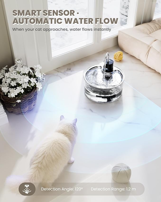 Wireless Cat Water Fountain Glass - 108oz/3.2L Automatic Ultra-Quiet Cat Water Fountain with Filter, Glass Battery Operated Pet Fountain Rechargeable Water Dispenser for Cats, Puppy, Multiple Pets