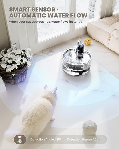 Wireless Cat Water Fountain Glass - 108oz/3.2L Automatic Ultra-Quiet Cat Water Fountain with Filter, Glass Battery Operated Pet Fountain Rechargeable Water Dispenser for Cats, Puppy, Multiple Pets