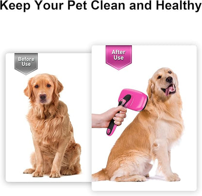WOPQAEM Self Cleaning Slicker Brush for Dog, Cat, Skin Friendly Shedding & Grooming Tool for Long and Short Haired Pets, Easy Clean Retractable Bristles, Pink