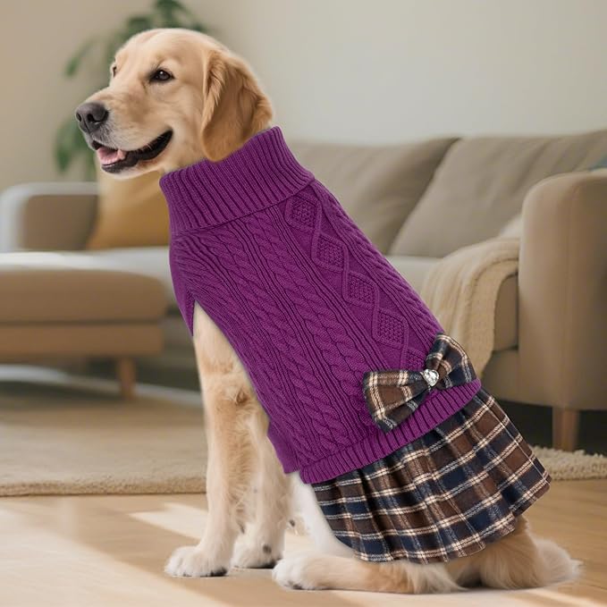 KYEESE Dog Sweater Warm Dog Sweater with Bowtie for Holiday Stretchy Dogs Clothes Warm Pullover Pet Sweaters for Medium Dogs Girl, Purple, XX-Large