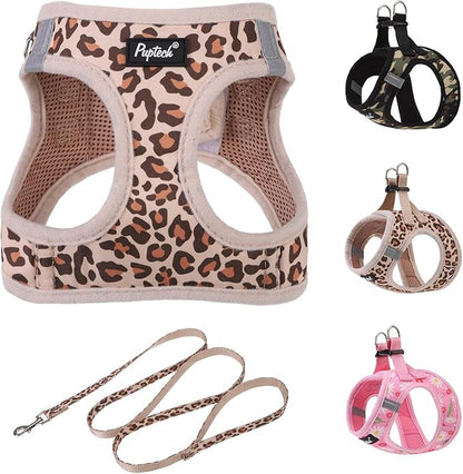 PUPTECK Dog Harness and Leash Set for Small Medium Dogs No Pull Step-in Soft Mesh Puppy Cat Vest Harnesses Reflective at Night, Brown Leopard Print, L