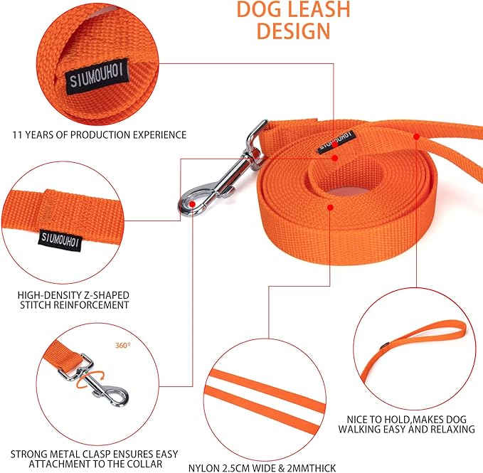 Siumouhoi Strong Durable Nylon Dog Training Leash, 1 Inch Wide Traction Rope, 6 ft 10ft 15ft Long, for Small and Medium Dog (Orange, 10 Feet)
