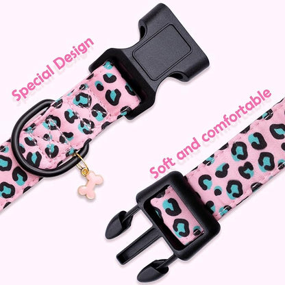 Faygarsle Dog Collar for Small Medium Large Dogs Cute Pink Puppy Collars for Female Dogs Leopard Print Patterned Pet Collars for Summer Spring Wedding Puppy Girl Dog Collar M