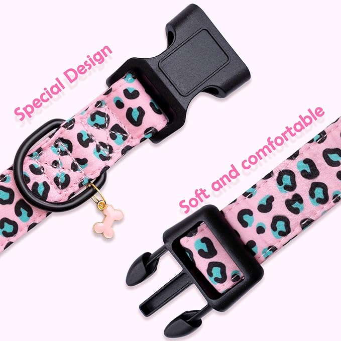 Faygarsle Dog Collar for Small Medium Large Dogs Cute Pink Puppy Collars for Female Dogs Leopard Print Patterned Pet Collars for Summer Spring Wedding Puppy Girl Dog Collar L