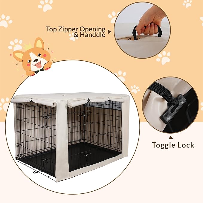 HiCaptain Dog Crate Cover 54.0" L x 37.0" W x 45.0" H with Breathable Mesh, Durable Heavy Duty Kennel Cover, Dual Zippered Panels, Windproof Waterproof UV-Resistant(Beige)