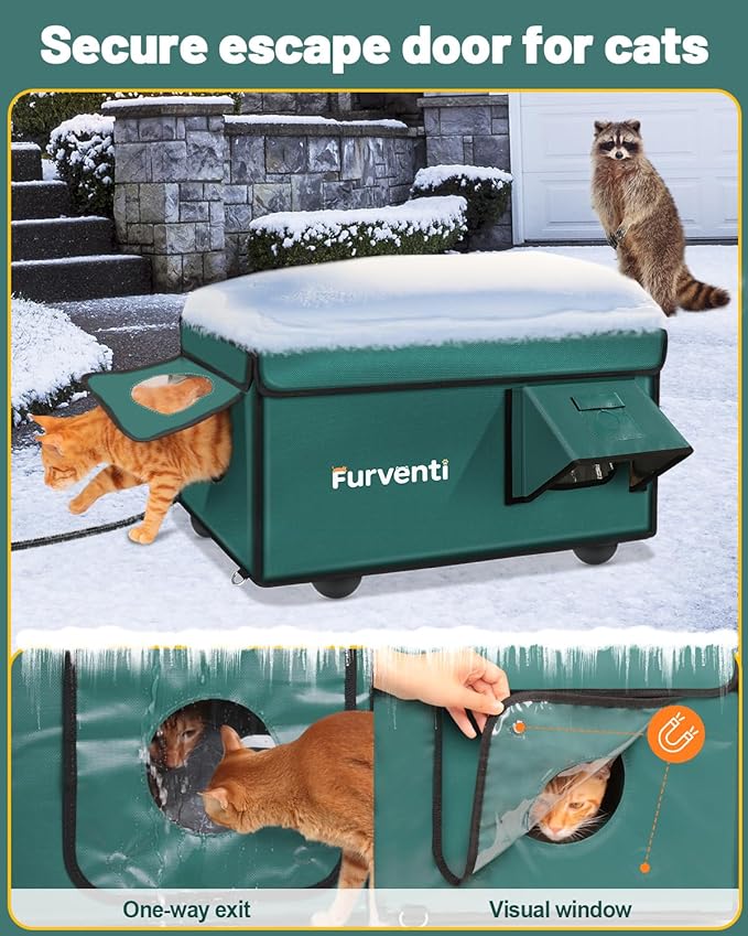 Heated Cat House for Outside with Dual Doors, Insulated Cat House Outdoor with Heating Pad, Weatherproof Heated Outdoor Cats Houses Weatherproof for Feral Cats (Deep Green, 25.5" L x 16" W x 13" H)