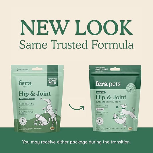 Fera Pets Goat Milk - Cat & Dog Hip and Joint Support with Glucosamine, MSM & Green Lipped Mussel - Supports Flexibility, Mobility & Bone Health - for Picky Eaters - 60 TSP