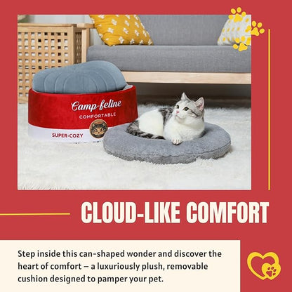 PECHVINO Can-Shaped Cat Bed with Privacy Cover - Comfortable Cushion for Cats & Small Dogs