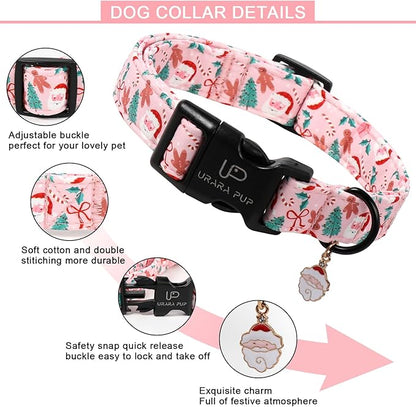 Xmas Dog Collars - Pink Christmas Tree & Santa Dog Collar with Gingerbread- Comfortable, Stylish Pet Collars with Quick Release Buckle for Christmas S