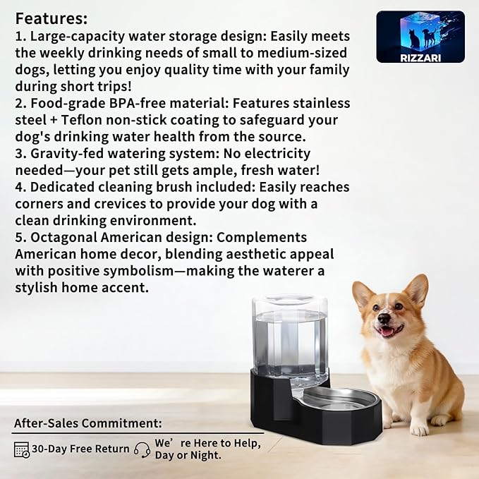 Sfozstra Gravity Water Bowl Dispenser : Automatic 5L Black Cat Stainless Steel Feeder with Specialized Brush - for Dogs with Joint Problems - Suitable in Garage Bedroom