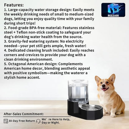 Sfozstra Gravity Water Bowl Dispenser : Automatic 5L Black Cat Stainless Steel Feeder with Specialized Brush - for Dogs with Joint Problems - Suitable in Garage Bedroom