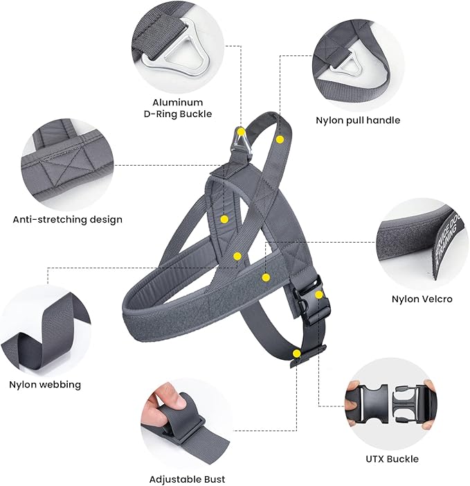 EXCELLENT ELITE SPANKER No Pull Dog Harness Padded Military Patrol Vest Adjustable Nylon Small Service Walking Dog Harness with Handle for Training Running(Grey-L)
