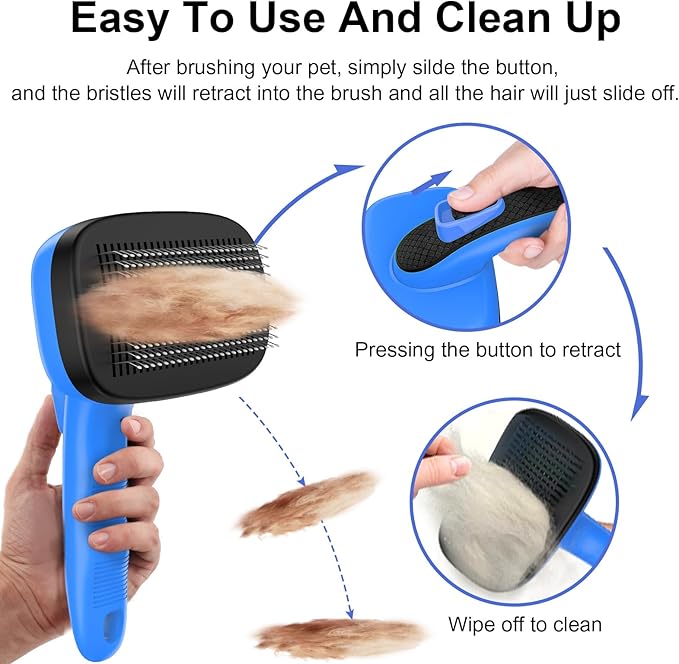 WOPQAEM Self Cleaning Slicker Brush for Dog, Cat, Skin Friendly Shedding & Grooming Tool for Long and Short Haired Pets, Easy Clean Retractable Bristles, Blue