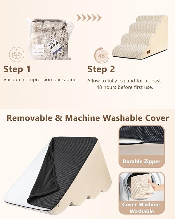 Aodisman Dog Stairs Ramp for Bed and Couch,4 Step Dog Steps for Small Dogs,Pet Stairs with Non-Slip Bottom for Old Cats,Indoor Pet Steps,Comfort,Durable,17.4" H,Beige