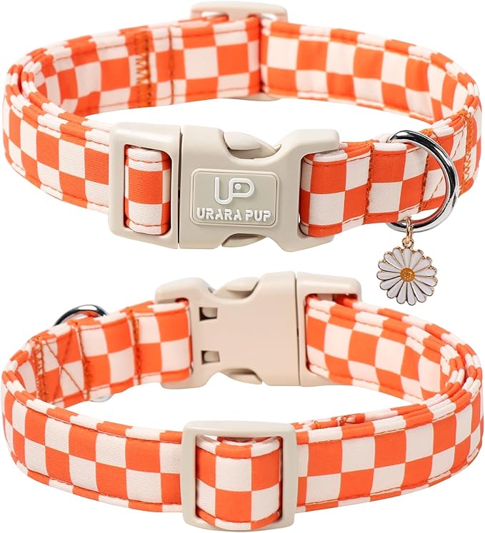 UP URARA PUP Gingham Fall Dog Collar – Adjustable Orange Picnic Checkered Dog Collar with Daisy Pendant, Classic Autumn Dogs Collars for Girl Boy Dogs