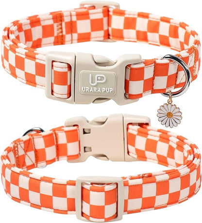 UP URARA PUP Gingham Fall Dog Collar – Adjustable Orange Picnic Checkered Dog Collar with Daisy Pendant, Classic Autumn Dogs Collars for Girl Boy Dogs