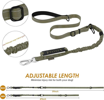 AUBELL Tactical Dog Leash Heavy Duty,4-6ft Reflective Strong No Pull Bungee Leash for Small Dogs with Comfortable Padded Double Handle,Car Seat Belt,360 Degree Rotating Carabiner,Green