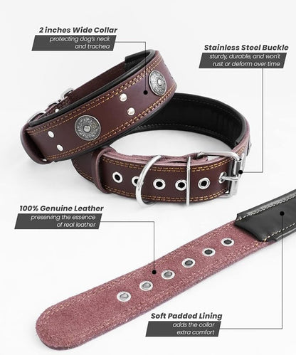 Leather Dog Collar, 2 inches Wide Heavy Duty Genuine Leather Collars, Handmade, Soft, and Luxury, Eye-catching Best Choice for Large and Medium Breed Dogs 21-25 inches