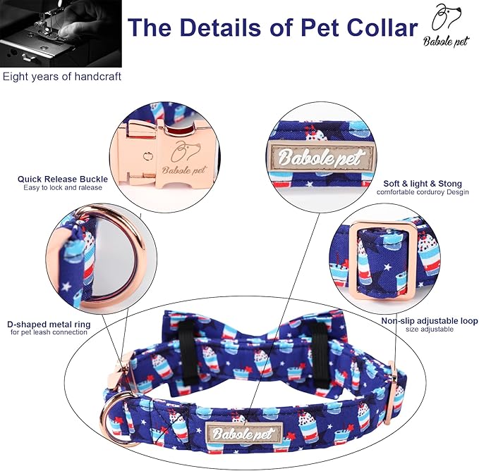 4th of July Dog Collar with Bow Tie - American Flag Day Patriotic Dog Collars Blue Star Sundae Summer Bowtie Collar for Small Medium Large Dogs XL