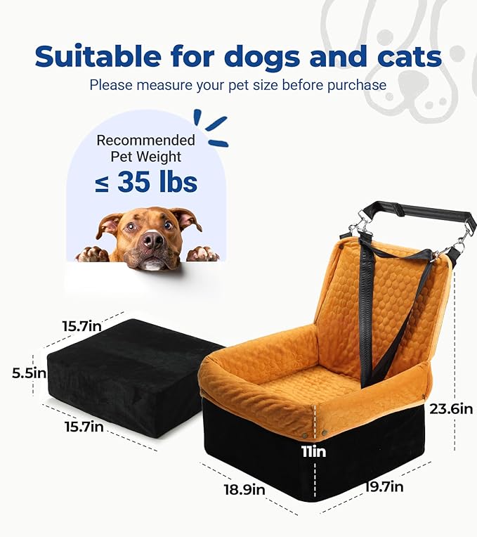 Wagora Dog Car Seat for Small Medium Dogs, Travel Pet Car Bed with Removable Waterproof Cover, Memory Foam Dog Booster Seats Up to 35 lbs, Safety Belt and Storage Pocket(Brown)