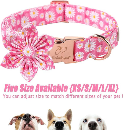 Daisy Dog Collar with Flower Bow Tie, Soft&Comfort Spring Bowtie Dog Collar, Durable Adjustable Cotton Pet Collar for Small Medium Large Dogs L