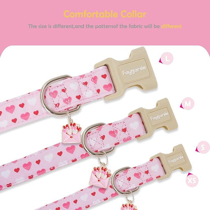 Faygarsle Valentine's Day Dog Collar, Pink with Red and White Hearts Pattern, Adjustable with Quick-Release Buckle and Heart Charm XS