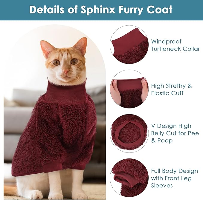 SUNFURA Sphynx Cat Sweater, Hairless Cats Turtleneck Pullover Kitten Sweaters for Cats Only, Warm and Soft Cat Pajamas Shirt with Sleeves Pet Winter Clothes Fleece Jumpsuit for Puppy, Burgundy S