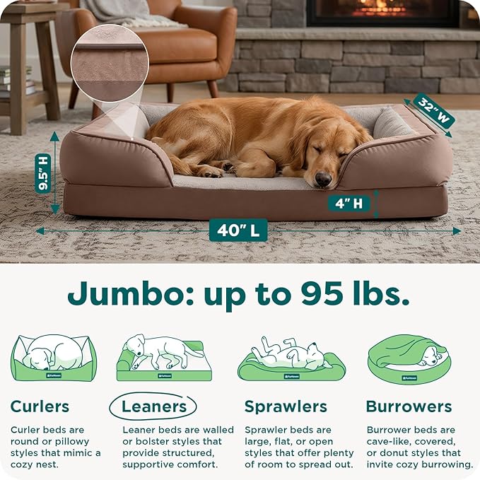 FurHaven Cooling Gel Dog Bed for Large Dogs, Perfect Comfort Sofa Bed, Cool Gel-Top Foam & Solid Orthopedic Foam Base for Joint Support, Removable Washable Cover, Jumbo XL, Plush & Velvet, Brownstone