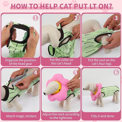 EMUST 2PCS Cat Recovery Suit and Cat Surgery Suit - Breathable Surgery Suit for Dogs, Adjustable Soft E Collar Alternative for Cats After Surgery - Green, L (8-16lb)