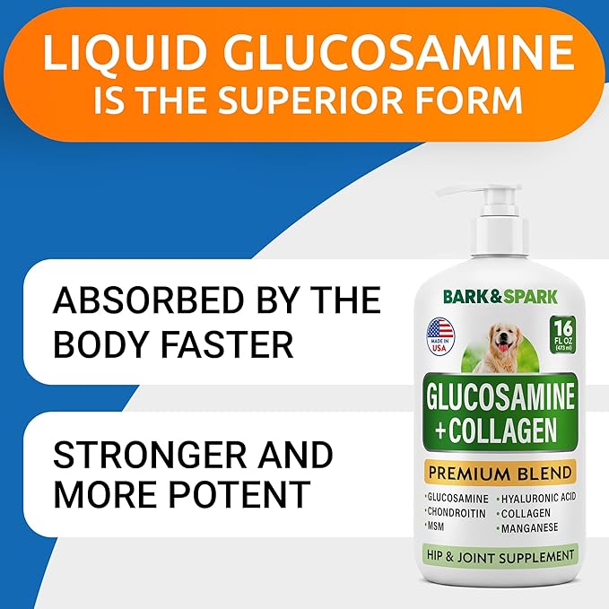 BARK&SPARK Liquid Glucosamine for Dogs w/Collagen (16 OZ) Advanced Mobility Joint Supplement for Dogs - Advanced Formula with Chondroitin, MSM - Hip & Joint + Skin & Coat Care - Made in USA