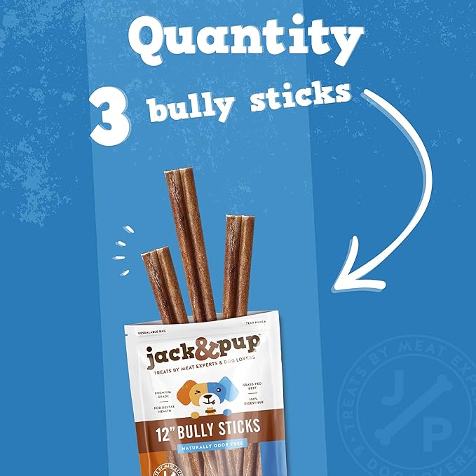 Jack&Pup 12 Inch Bully Sticks for Dogs (3 Pack) Extra Thick Dog Chews Long Lasting, Odor Free, Single Ingredient, 100% Beef Bully Sticks for Large Dogs