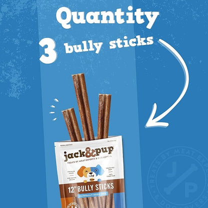 Jack&Pup 12 Inch Bully Sticks for Dogs (3 Pack) Extra Thick Dog Chews Long Lasting, Odor Free, Single Ingredient, 100% Beef Bully Sticks for Large Dogs